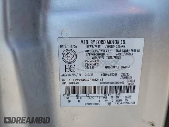 2007 Ford F-150 XLT с VIN 1FTPW14537FA42145, выставлен на аукционе Copart как лот 50718965 с пробегом Не указан миль и На запчасти • Non repairable. История ставок и продаж доступна на DreamBid. Изображение 12.