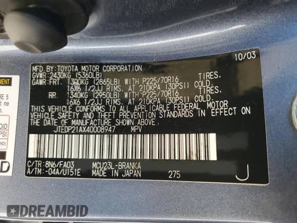 2004 Toyota Highlander с VIN JTEDP21AX40008947, выставлен на аукционе Copart как лот 82757415 с пробегом 228 929 миль миль и Списание • Salvage title. История ставок и продаж доступна на DreamBid. Изображение 13.