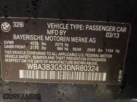 2013 BMW 3 Series 328i xDrive z VIN WBA3B3G53DNR80324, wystawiony jako IAAI lot #41490385 z przebiegiem 177 026 mil mil oraz . Historia ofert i sprzedaży dostępna na DreamBid. Obrazek 9.