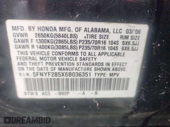 2006 Honda Pilot EX-L с VIN 5FNYF285X6B036351, выставлен на аукционе Copart как лот 67852635 с пробегом 177 714 миль миль и Чистый • Clean title. История ставок и продаж доступна на DreamBid. Изображение 12.
