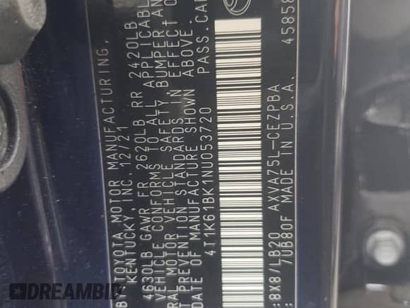 2022 Toyota Camry XSE with VIN 4T1K61BK1NU053720, listed as a Copart auction lot 70303225 with 36,865 mi miles and Salvage title. Bid and sale history available at DreamBid. Image 12.