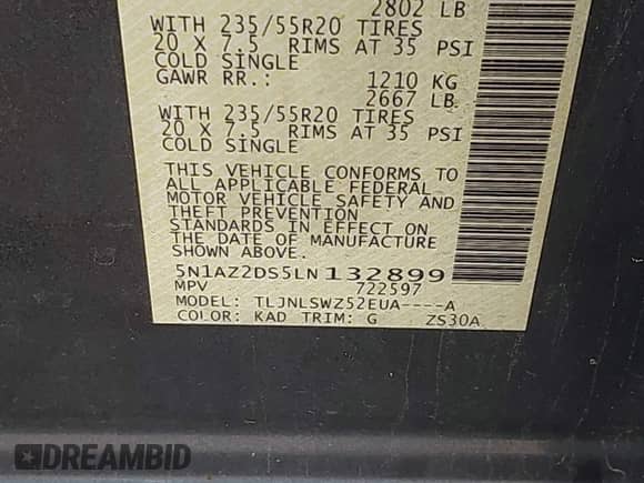 2020 Nissan Murano Platinum with VIN 5N1AZ2DS5LN132899, listed as a IAAI auction lot 42776769 with 66,872 mi miles and . Bid and sale history available at DreamBid. Image 9.