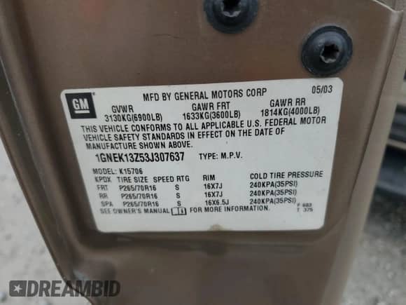 2003 Chevrolet Tahoe LT с VIN 1GNEK13Z53J307637, выставлен на аукционе Copart как лот 70105315 с пробегом 307 885 миль миль и Списание • Salvage title. История ставок и продаж доступна на DreamBid. Изображение 13.