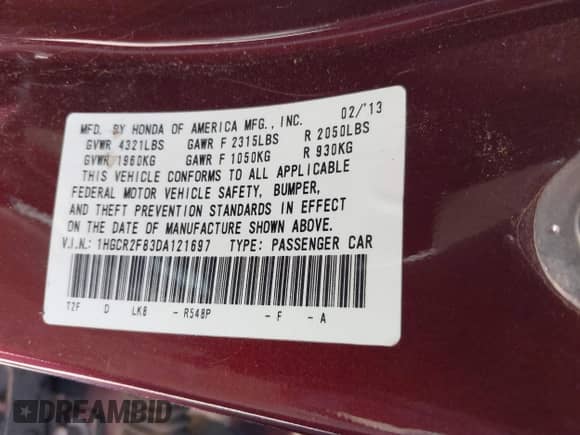 2013 Honda Accord EX-L z VIN 1HGCR2F83DA121697, wystawiony jako IAAI lot #42668606 z przebiegiem 122 289 mil mil oraz . Historia ofert i sprzedaży dostępna na DreamBid. Obrazek 9.