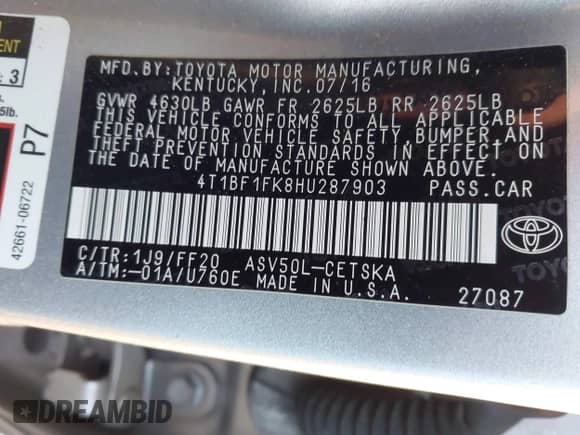 2017 Toyota Camry XLE с VIN 4T1BF1FK8HU287903, выставлен на аукционе IAAI как лот 43588706 с пробегом 181 805 миль миль и . История ставок и продаж доступна на DreamBid. Изображение 9.