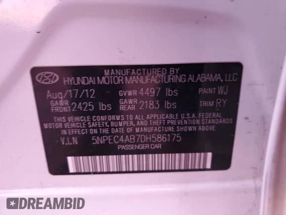 2013 Hyundai Sonata SE with VIN 5NPEC4AB7DH586175, listed as a Copart auction lot 85390505 with 165,971 mi miles and Salvage title. Bid and sale history available at DreamBid. Image 12.