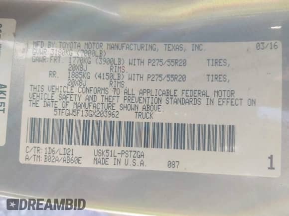 2016 Toyota Tundra Platinum with VIN 5TFGW5F13GX203962, listed as a IAAI auction lot 41808245 with 179,511 mi miles and . Bid and sale history available at DreamBid. Image 9.