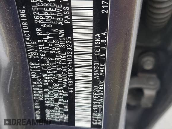 2017 Toyota Camry SE with VIN 4T1BF1FK7HU323225, listed as a Copart auction lot 82456935 with 108,307 mi miles and Salvage title. Bid and sale history available at DreamBid. Image 13.