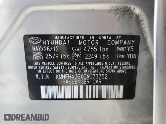 2012 Hyundai Azera с VIN KMHFH4JGXCA173752, выставлен на аукционе Copart как лот 83555664 с пробегом 177 711 миль миль и Чистый • Clean title. История ставок и продаж доступна на DreamBid. Изображение 12.