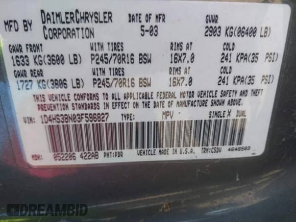2003 Dodge Durango Sport with VIN 1D4HS38N03F596827, listed as a IAAI auction lot 43272684 with 238,248 mi miles and . Bid and sale history available at DreamBid. Image 9.