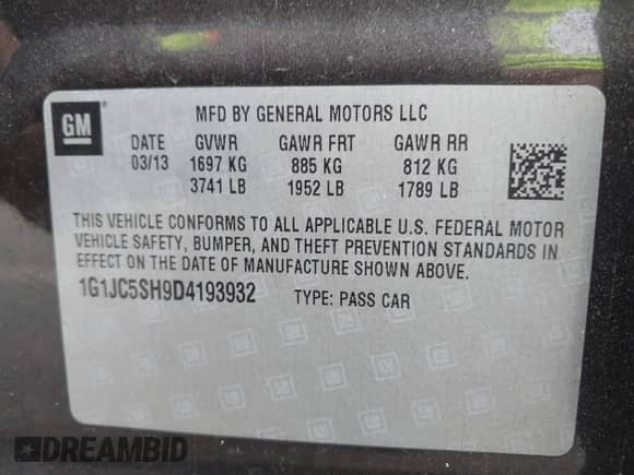 2013 Chevrolet Sonic LT with VIN 1G1JC5SH9D4193932, listed as a IAAI auction lot 41923606 with 132,339 mi miles and . Bid and sale history available at DreamBid. Image 9.