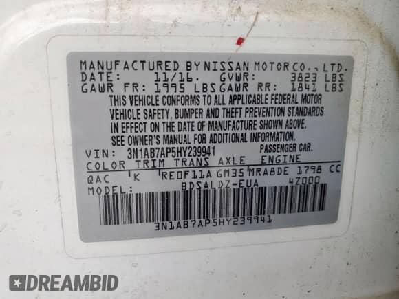 2017 Nissan Sentra SV z VIN 3N1AB7AP5HY239941, wystawiony jako Copart lot #83769215 z przebiegiem 128 827 mil mil oraz Czysty tytuł • Clean title. Historia ofert i sprzedaży dostępna na DreamBid. Obrazek 12.