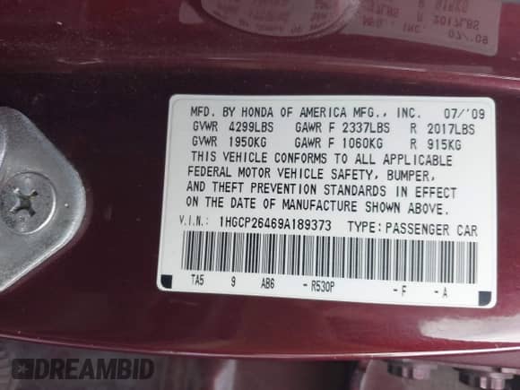 2009 Honda Accord LX-P with VIN 1HGCP26469A189373, listed as a IAAI auction lot 43088196 with 238,248 mi miles and . Bid and sale history available at DreamBid. Image 9.