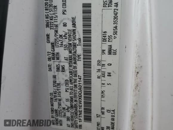 2013 Ford Econoline Cargo Commercial z VIN 1FTNE1EWXDDA01147, wystawiony jako Copart lot #51836775 z przebiegiem 251 667 mil mil oraz Czysty tytuł • Clean title. Historia ofert i sprzedaży dostępna na DreamBid. Obrazek 13.