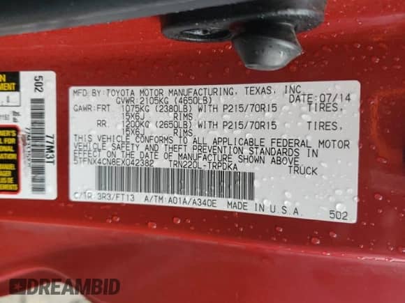2014 Toyota Tacoma с VIN 5TFNX4CN8EX042382, выставлен на аукционе Copart как лот 84870715 с пробегом 95 389 миль миль и Списание • Salvage title. История ставок и продаж доступна на DreamBid. Изображение 12.