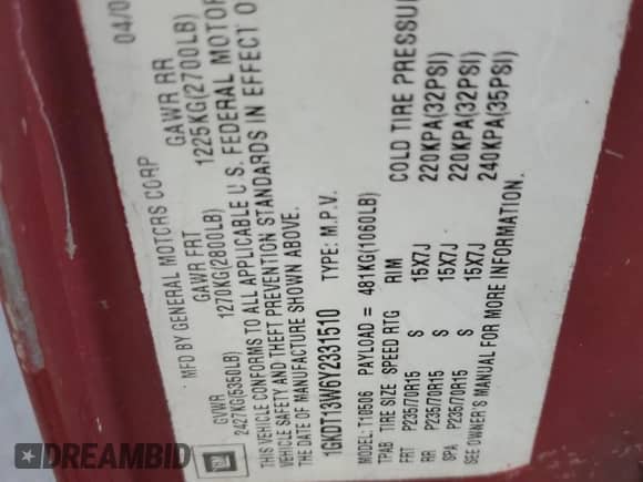 2003 Chevrolet Blazer LS с VIN 1GNCS13X53K112153, выставлен на аукционе Copart как лот 89269295 с пробегом Не указан миль и Списание • Salvage title. История ставок и продаж доступна на DreamBid. Изображение 13.