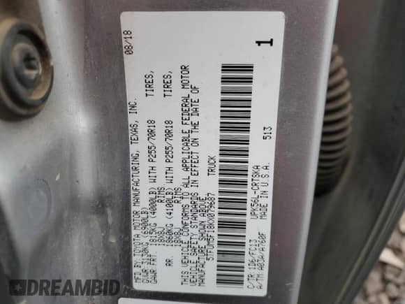 2019 Toyota Tundra SR с VIN 5TFUM5F18KX079687, выставлен на аукционе Copart как лот 46893985 с пробегом 111 149 миль миль и Списание • Salvage title. История ставок и продаж доступна на DreamBid. Изображение 12.