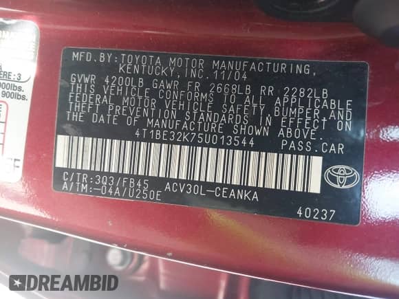 2005 Toyota Camry STD z VIN 4T1BE32K75U013544, wystawiony jako IAAI lot #43562019 z przebiegiem 173 915 mil mil oraz . Historia ofert i sprzedaży dostępna na DreamBid. Obrazek 9.