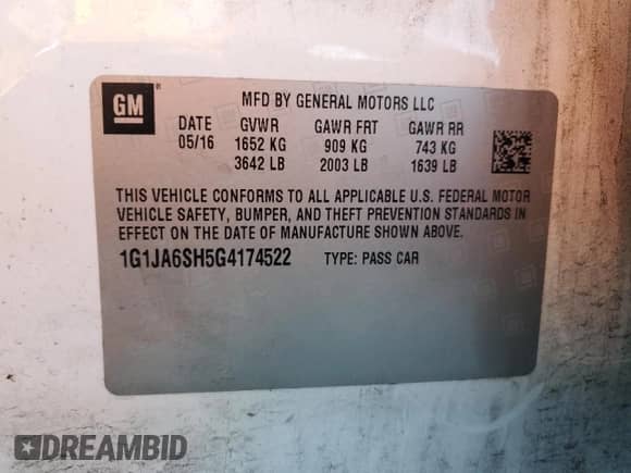2016 Chevrolet Sonic LS с VIN 1G1JA6SH5G4174522, выставлен на аукционе Copart как лот 66254235 с пробегом 146 479 миль миль и Чистый • Clean title. История ставок и продаж доступна на DreamBid. Изображение 12.