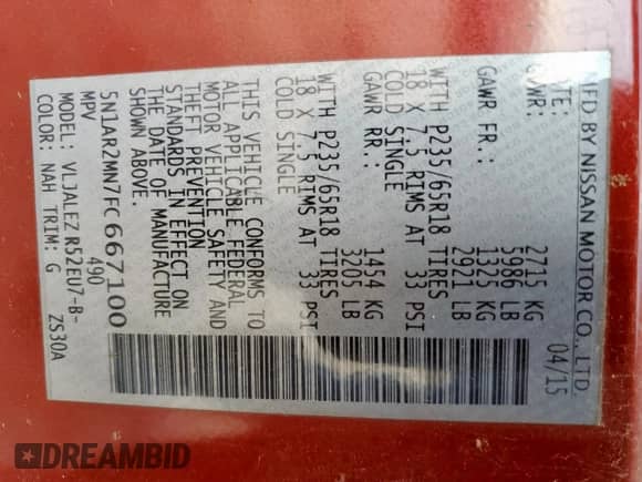 2015 Nissan Pathfinder SV с VIN 5N1AR2MN7FC667100, выставлен на аукционе Copart как лот 85922515 с пробегом 161 769 миль миль и Чистый • Clean title. История ставок и продаж доступна на DreamBid. Изображение 14.