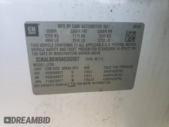 2010 Chevrolet Equinox LS with VIN 2CNALBEW0A6382667, listed as a Copart auction lot 84879625 with 160,759 mi miles and Salvage title. Bid and sale history available at DreamBid. Image 12.