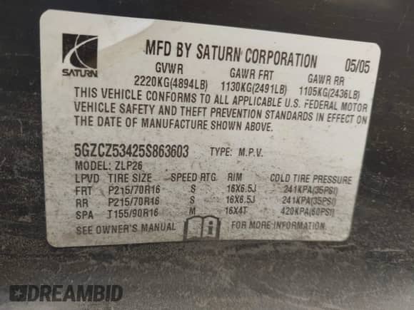 2005 Saturn VUE с VIN 5GZCZ53425S863603, выставлен на аукционе IAAI как лот 42413411 с пробегом 140 815 миль миль и . История ставок и продаж доступна на DreamBid. Изображение 9.