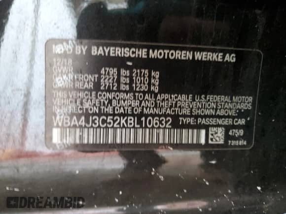 2019 BMW 4 Series 430i xDrive with VIN WBA4J3C52KBL10632, listed as a Copart auction lot 80103005 with 55,301 mi miles and Non repairable. Bid and sale history available at DreamBid. Image 13.