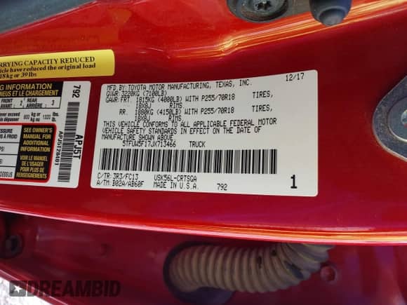 2018 Toyota Tundra SR с VIN 5TFUW5F17JX713466, выставлен на аукционе IAAI как лот 42357423 с пробегом 302 981 миль миль и . История ставок и продаж доступна на DreamBid. Изображение 9.