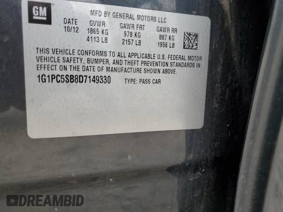 2013 Chevrolet Cruze 1LT z VIN 1G1PC5SB8D7149330, wystawiony jako Copart lot #81519235 z przebiegiem 155 962 mil mil oraz Czysty tytuł • Clean title. Historia ofert i sprzedaży dostępna na DreamBid. Obrazek 12.