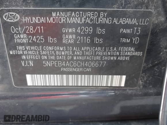 2012 Hyundai Sonata GLS with VIN 5NPEB4AC6CH406677, listed as a IAAI auction lot 41723413 with 161,570 mi miles and . Bid and sale history available at DreamBid. Image 9.