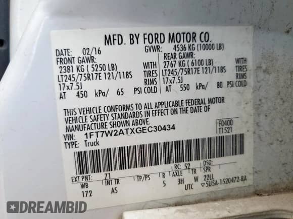 2016 Ford F-250 XL с VIN 1FT7W2ATXGEC30434, выставлен на аукционе Copart как лот 70654525 с пробегом 358 986 миль миль и Чистый • Clean title. История ставок и продаж доступна на DreamBid. Изображение 13.