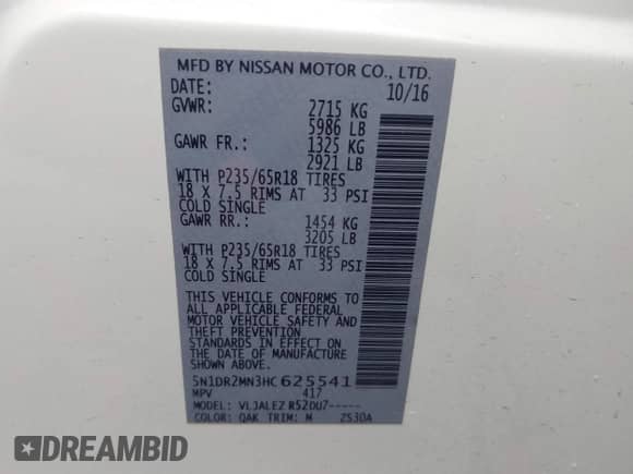 2017 Nissan Pathfinder SV with VIN 5N1DR2MN3HC625541, listed as a IAAI auction lot 42372722 with 225,329 mi miles and . Bid and sale history available at DreamBid. Image 9.