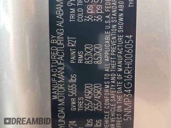 2024 Hyundai Santa Fe Limited with VIN 5NMP34G16RH006054, listed as a Copart auction lot 62844235 with 21,142 mi miles and Salvage title. Bid and sale history available at DreamBid. Image 14.