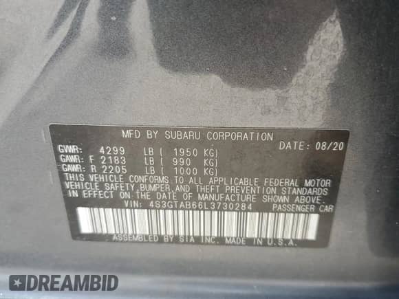 2020 Subaru Impreza с VIN 4S3GTAB66L3730284, выставлен на аукционе Copart как лот 81998565 с пробегом 56 017 миль миль и Списание • Salvage title. История ставок и продаж доступна на DreamBid. Изображение 14.