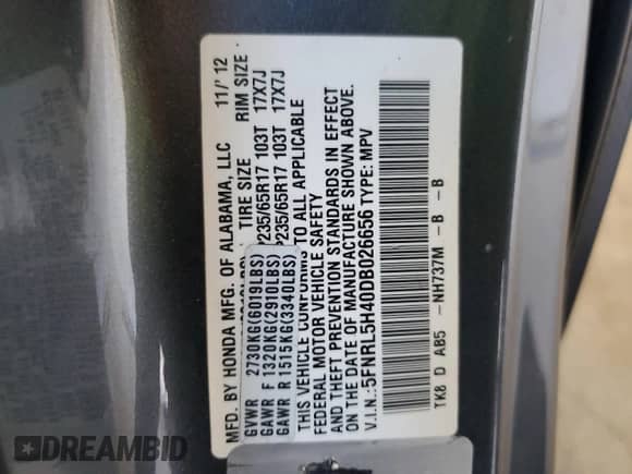 2013 Honda Odyssey EX с VIN 5FNRL5H40DB026656, выставлен на аукционе Copart как лот 82706175 с пробегом 167 669 миль миль и Чистый • Clean title. История ставок и продаж доступна на DreamBid. Изображение 13.