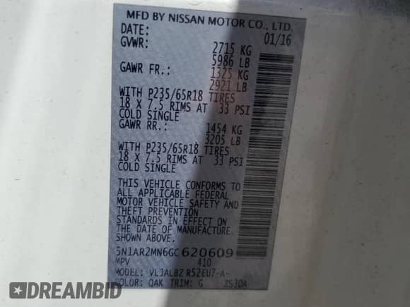 2016 Nissan Pathfinder S с VIN 5N1AR2MN6GC620609, выставлен на аукционе Copart как лот 71983515 с пробегом 153 323 миль миль и Списание • Salvage title. История ставок и продаж доступна на DreamBid. Изображение 13.