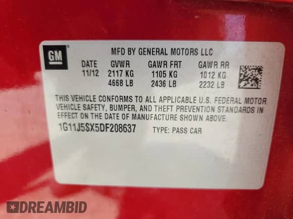 2013 Chevrolet Malibu LTZ с VIN 1G11J5SX5DF208637, выставлен на аукционе Copart как лот 63599595 с пробегом 115 722 миль миль и Списание • Salvage title. История ставок и продаж доступна на DreamBid. Изображение 12.