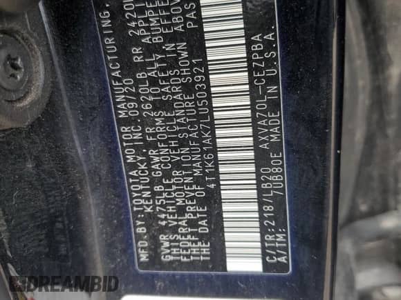 2020 Toyota Camry XSE z VIN 4T1K61AK7LU503921, wystawiony jako Copart lot #85884515 z przebiegiem 77 973 mil mil oraz Szkoda całkowita • Salvage title. Historia ofert i sprzedaży dostępna na DreamBid. Obrazek 12.