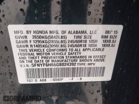 2016 Honda Pilot EX-L z VIN 5FNYF6H66GB024392, wystawiony jako IAAI lot #42127564 z przebiegiem 157 623 mil mil oraz . Historia ofert i sprzedaży dostępna na DreamBid. Obrazek 9.