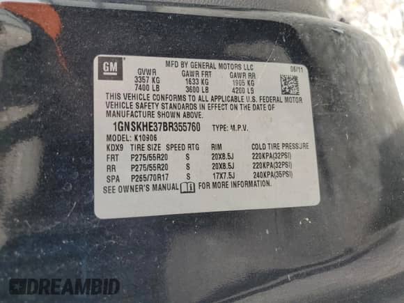 2011 Chevrolet Suburban LS with VIN 1GNSKHE37BR355760, listed as a Copart auction lot 60848905 with 121,065 mi miles and Salvage title. Bid and sale history available at DreamBid. Image 13.