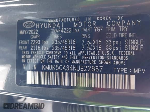 2022 Hyundai Kona Limited z VIN KM8K5CA34NU922867, wystawiony jako IAAI lot #43491070 z przebiegiem 29 575 mil mil oraz . Historia ofert i sprzedaży dostępna na DreamBid. Obrazek 9.