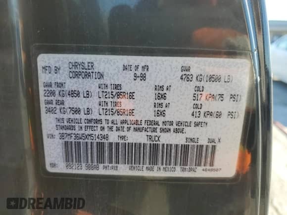 1999 Dodge RAM with VIN 3B7MF36W5XM514348, listed as a Copart auction lot 48015555 with 172,310 mi miles and Salvage title. Bid and sale history available at DreamBid. Image 13.