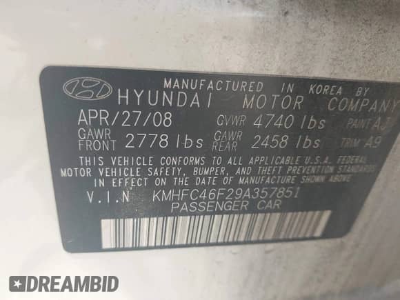 2009 Hyundai Azera Limited с VIN KMHFC46F29A357851, выставлен на аукционе IAAI как лот 42580955 с пробегом 143 807 миль миль и . История ставок и продаж доступна на DreamBid. Изображение 9.