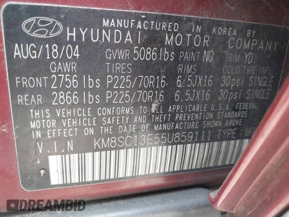2005 Hyundai Santa Fe GLS with VIN KM8SC13E55U859111, listed as a IAAI auction lot 41622560 with 185,803 mi miles and . Bid and sale history available at DreamBid. Image 9.