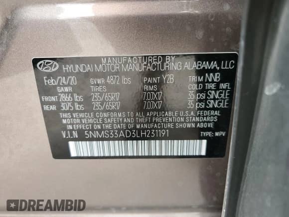 2020 Hyundai Santa Fe SEL с VIN 5NMS33AD3LH231191, выставлен на аукционе Copart как лот 84416045 с пробегом 48 718 миль миль и Списание • Salvage title. История ставок и продаж доступна на DreamBid. Изображение 13.