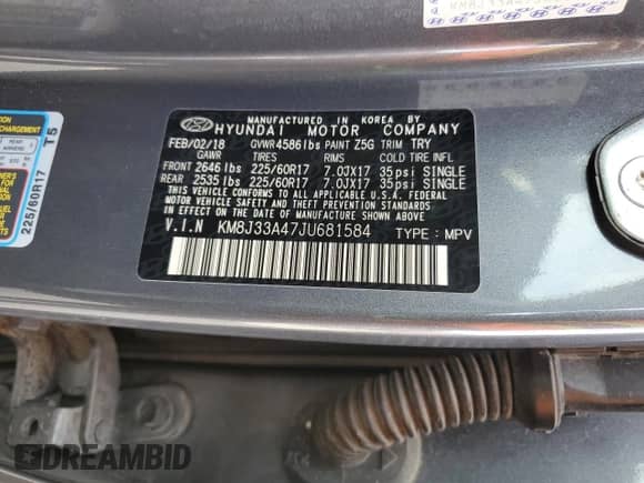 2018 Hyundai Tucson SEL с VIN KM8J33A47JU681584, выставлен на аукционе Copart как лот 86327745 с пробегом 125 621 миль миль и Чистый • Clean title. История ставок и продаж доступна на DreamBid. Изображение 13.