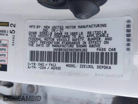 2008 Toyota Corolla CE with VIN 1NXBR32E98Z989182, listed as a IAAI auction lot 41215278 with 69,658 mi miles and . Bid and sale history available at DreamBid. Image 9.