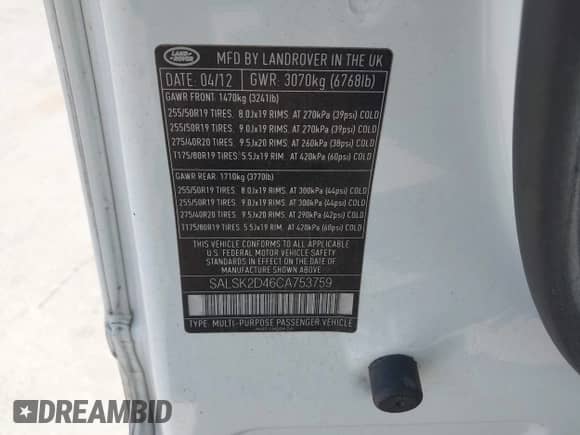 2012 Land Rover Range Rover Sport HSE Lux с VIN SALSK2D46CA753759, выставлен на аукционе IAAI как лот 42457787 с пробегом 167 204 миль миль и . История ставок и продаж доступна на DreamBid. Изображение 9.