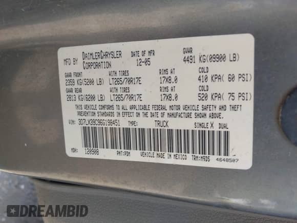 2006 Dodge 3500 Laramie z VIN 3D7LX39C96G198451, wystawiony jako IAAI lot #42487804 z przebiegiem 276 533 mil mil oraz . Historia ofert i sprzedaży dostępna na DreamBid. Obrazek 9.