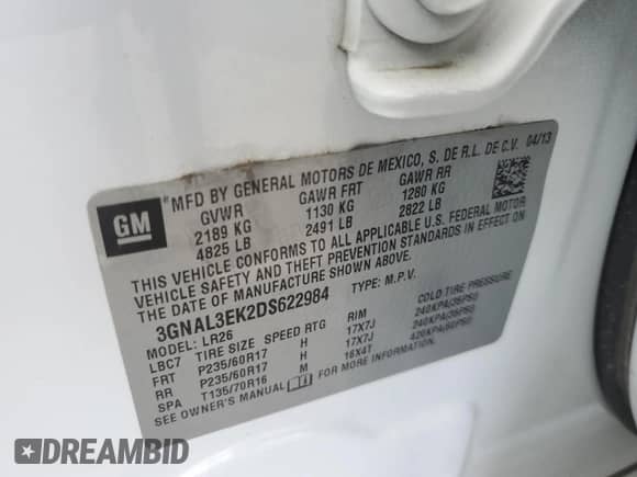 2013 Chevrolet Captiva Sport LT с VIN 3GNAL3EK2DS622984, выставлен на аукционе Copart как лот 54199384 с пробегом 122 801 миль миль и Списание • Salvage title. История ставок и продаж доступна на DreamBid. Изображение 13.